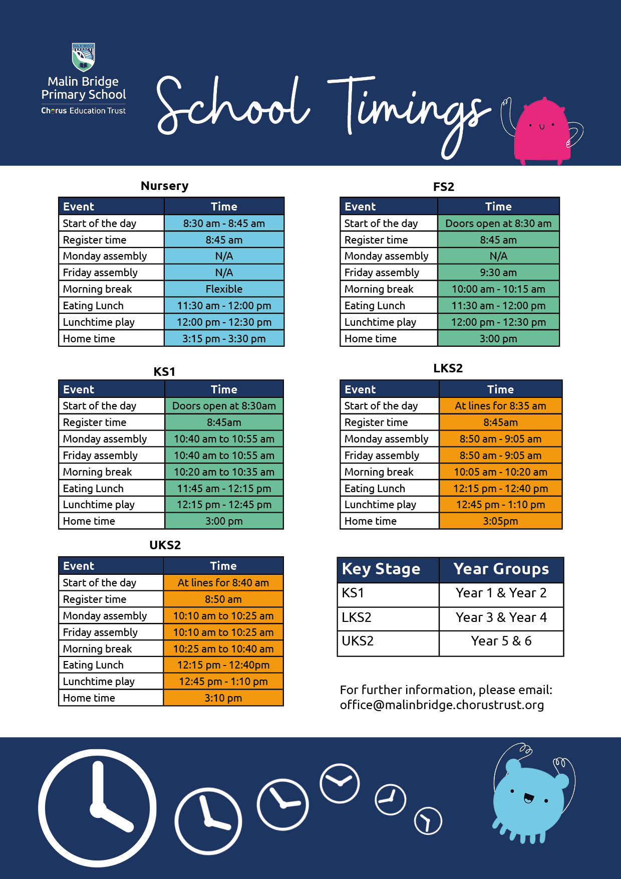 Printable version of the School Day timings and link to the document