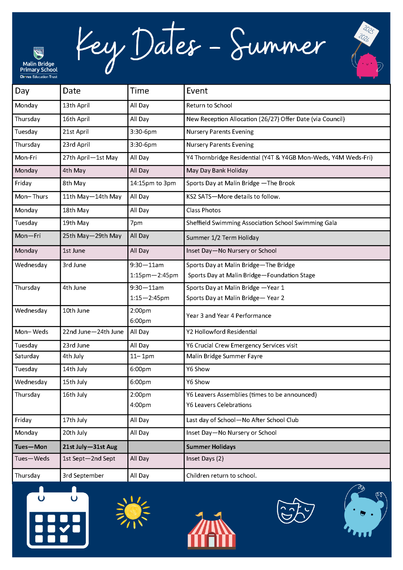 Key Dates for Summer 2026 Term and link to printable version