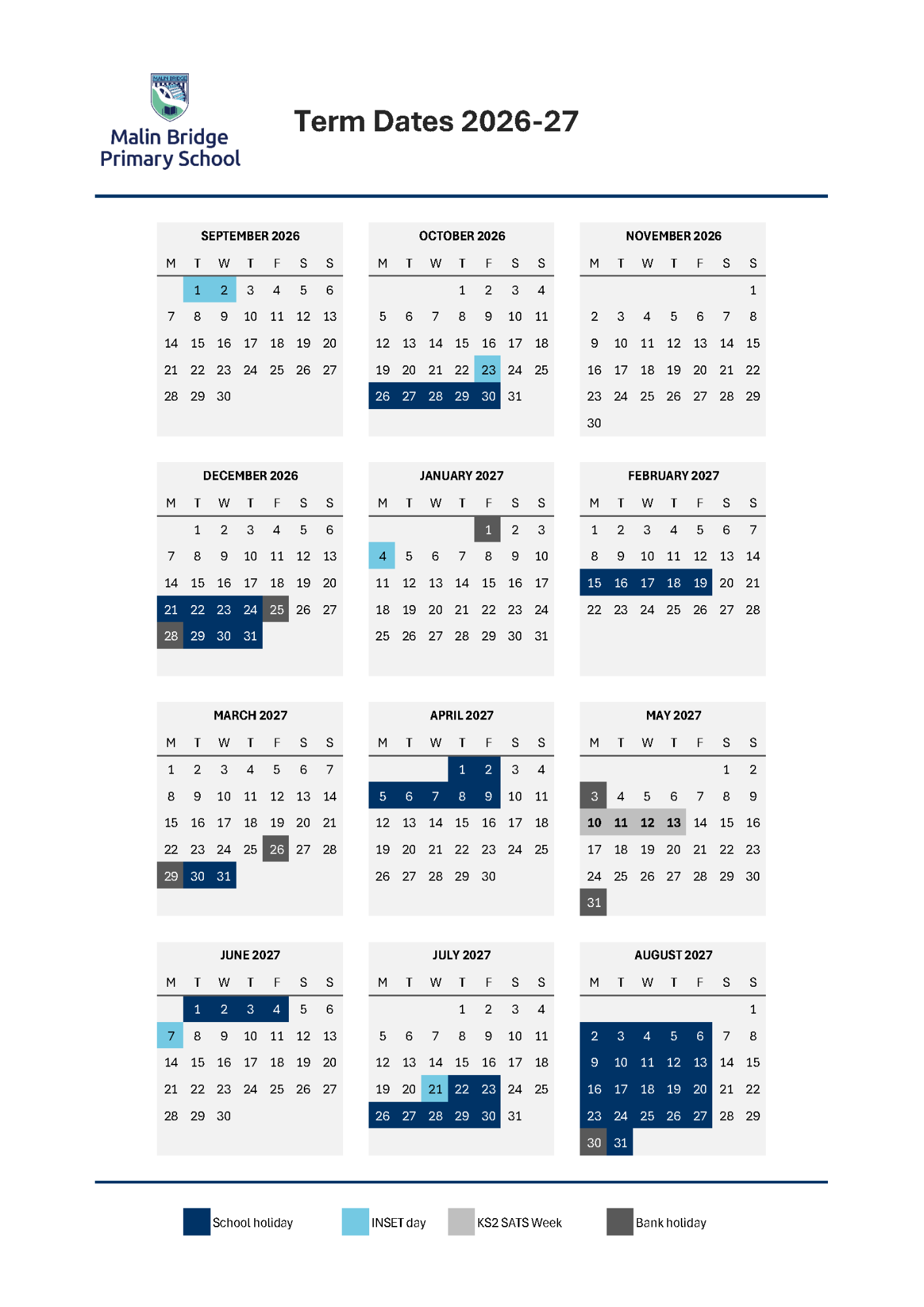 Calendar highlighting Malin Bridge Primary School's 2026-27 Term Dates