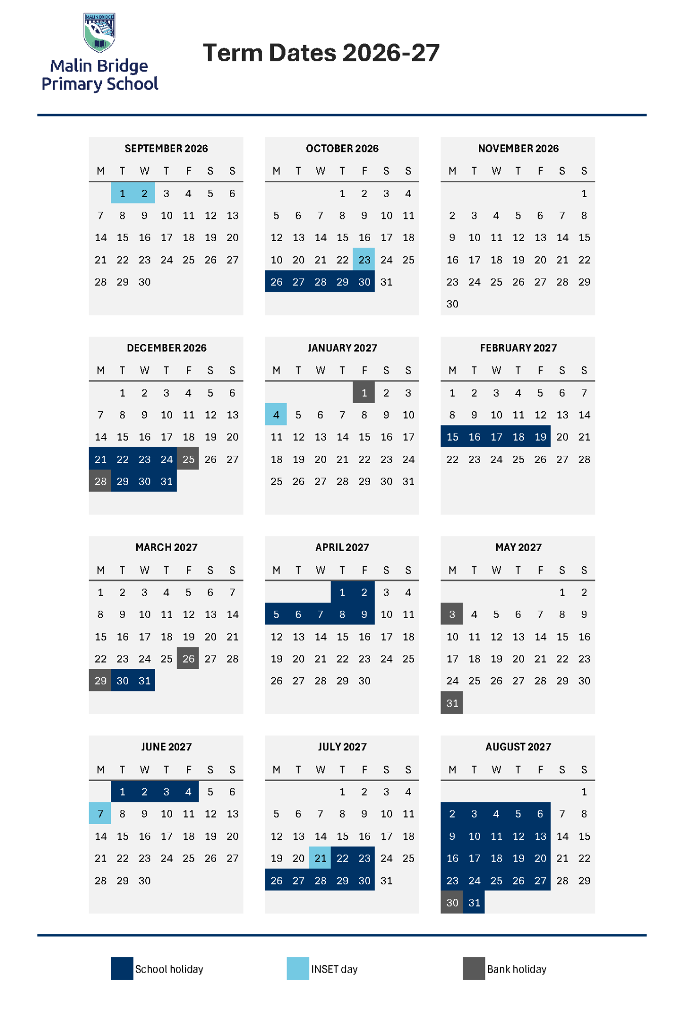 Calendar highlighting Malin Bridge Primary School's 2026-27 Term Dates